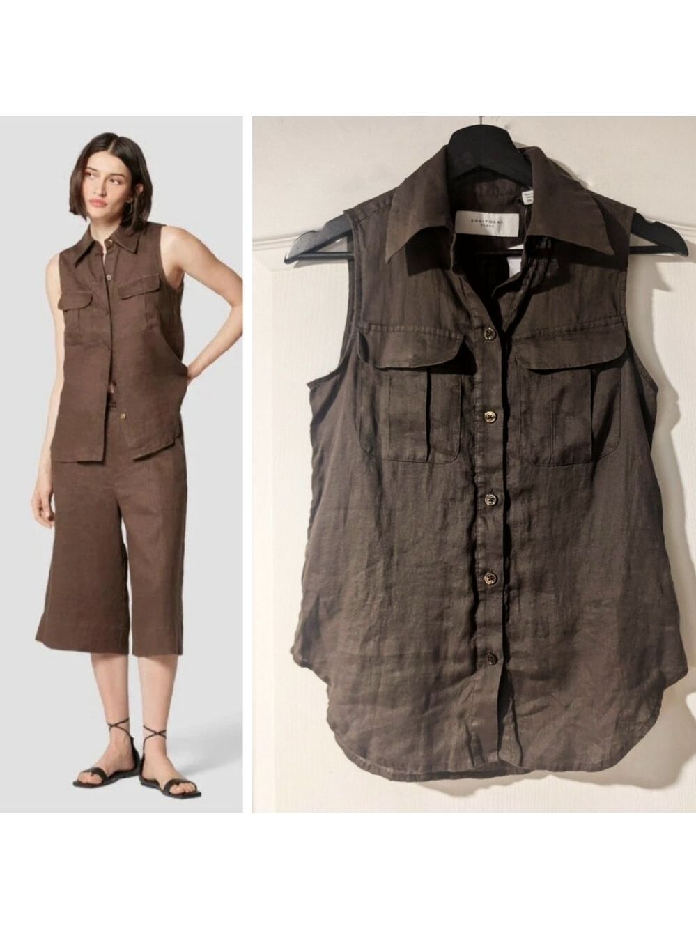 NWT EQUIPMENT | Camila Sleeveless Linen Shirt In Wren Brown
